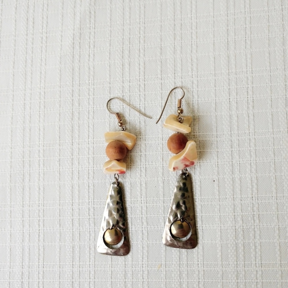 Earrings Pierced Dangles Silver Tan Cream Boho Gypsy Vintage Fishhook - Picture 4 of 8